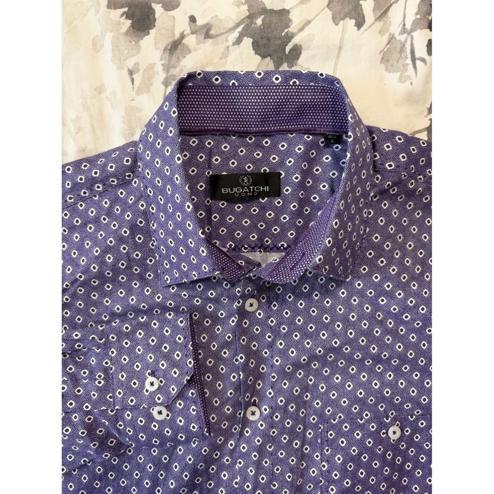 Bugatchi Uomo Mens Purple Geometric Square Print Cotton Button Down Shirt L